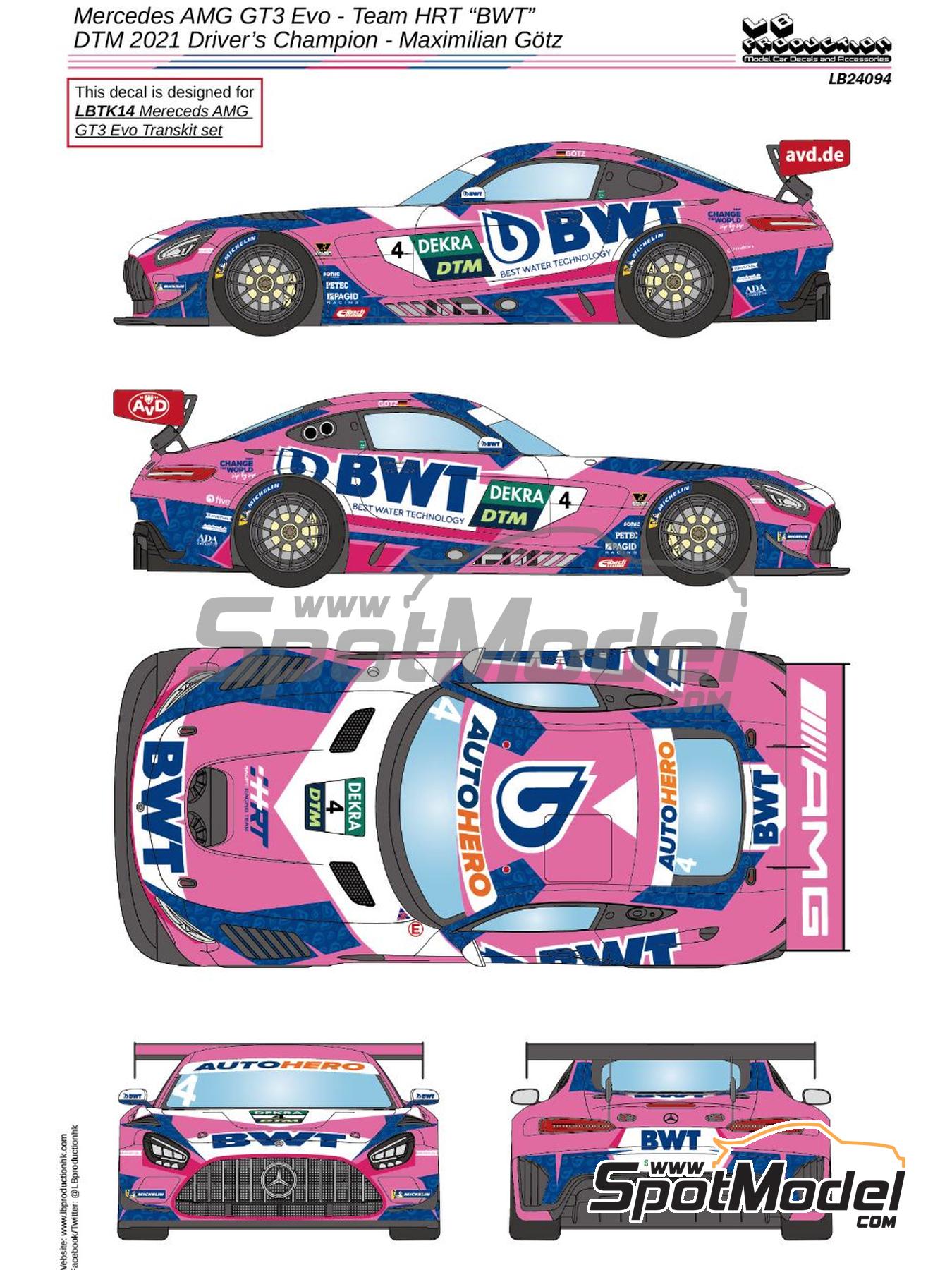 Mercedes Benz AMG GT3 Evo HRT Team sponsored by BWT - DTM 2021. Marking /  livery in 1/24 scale manufactured by LB Production (ref. LB-24094, also LB24